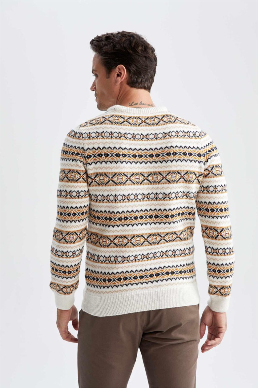 MAN Light Beige Melange Regular Fit Crew Neck Patterned Sustainable Knitwear Sweater
