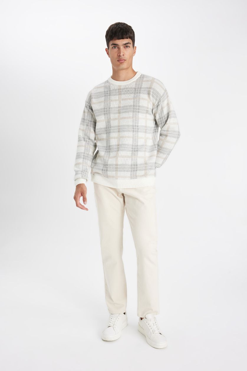 MAN Beige Melange Relax Fit Crew Neck Patterned Knitted Pullover