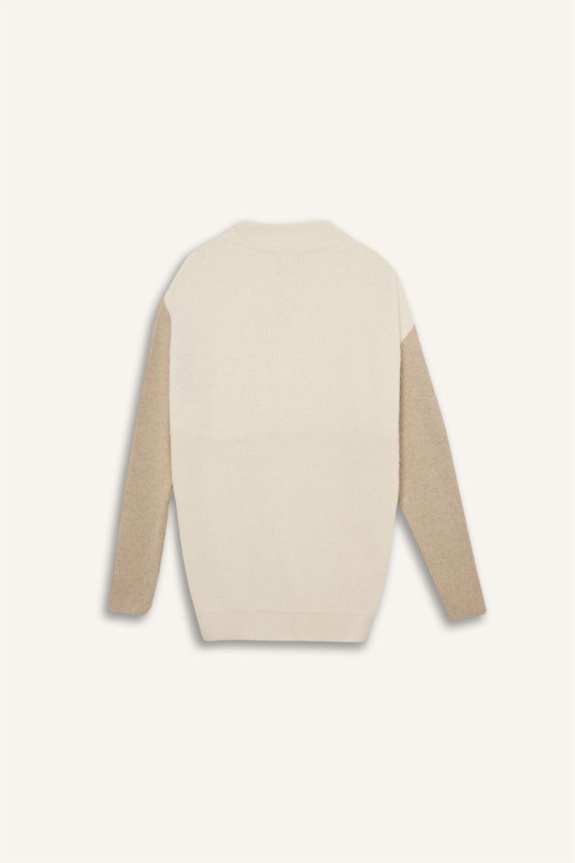 Erkek Bej Relax Fit Renk Bloklu Dik Yaka Yarım Fermuarlı Triko Kazak