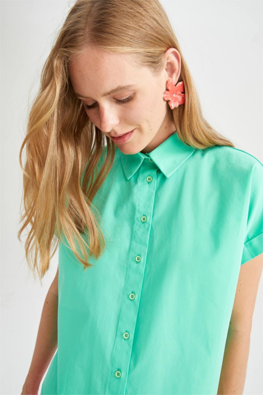 WOMAN Mint Regular Fit Shirt Collar Poplin Short Sleeve Shirt
