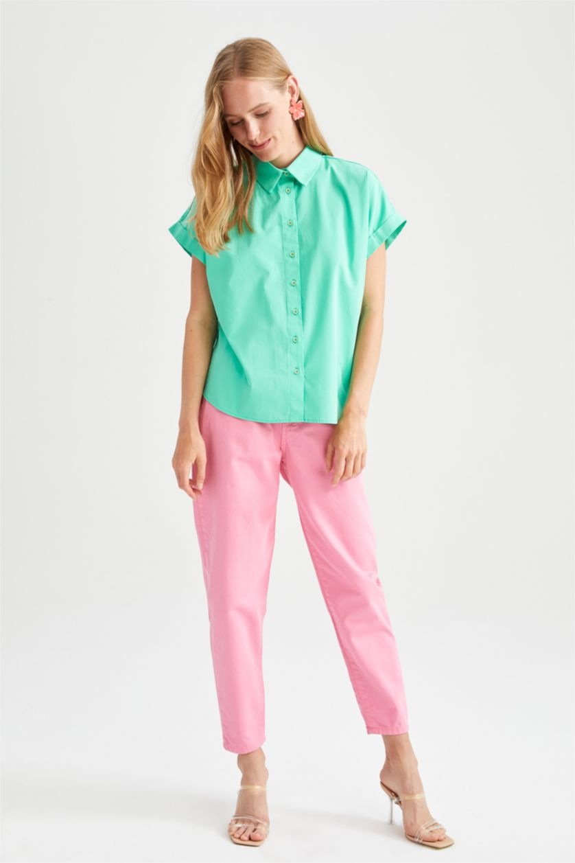 WOMAN Mint Regular Fit Shirt Collar Poplin Short Sleeve Shirt