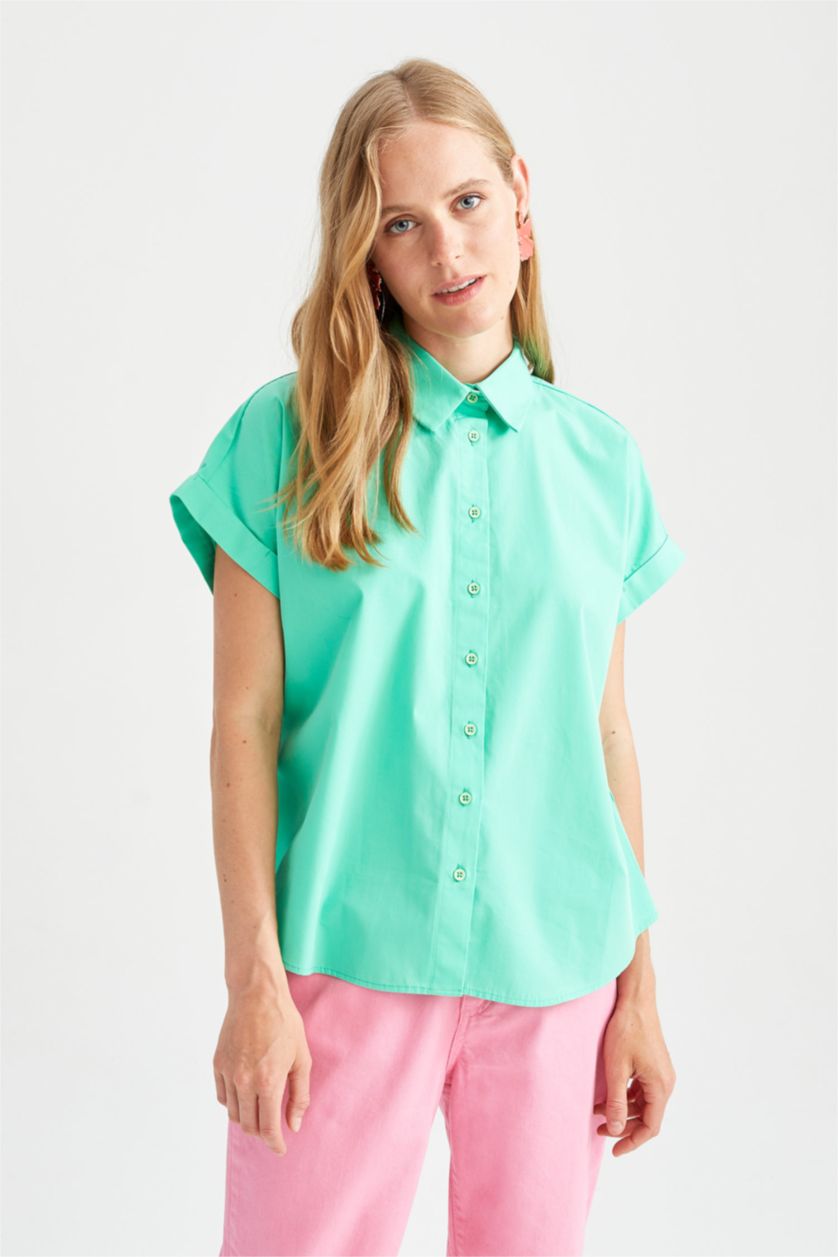 WOMAN Mint Regular Fit Shirt Collar Poplin Short Sleeve Shirt