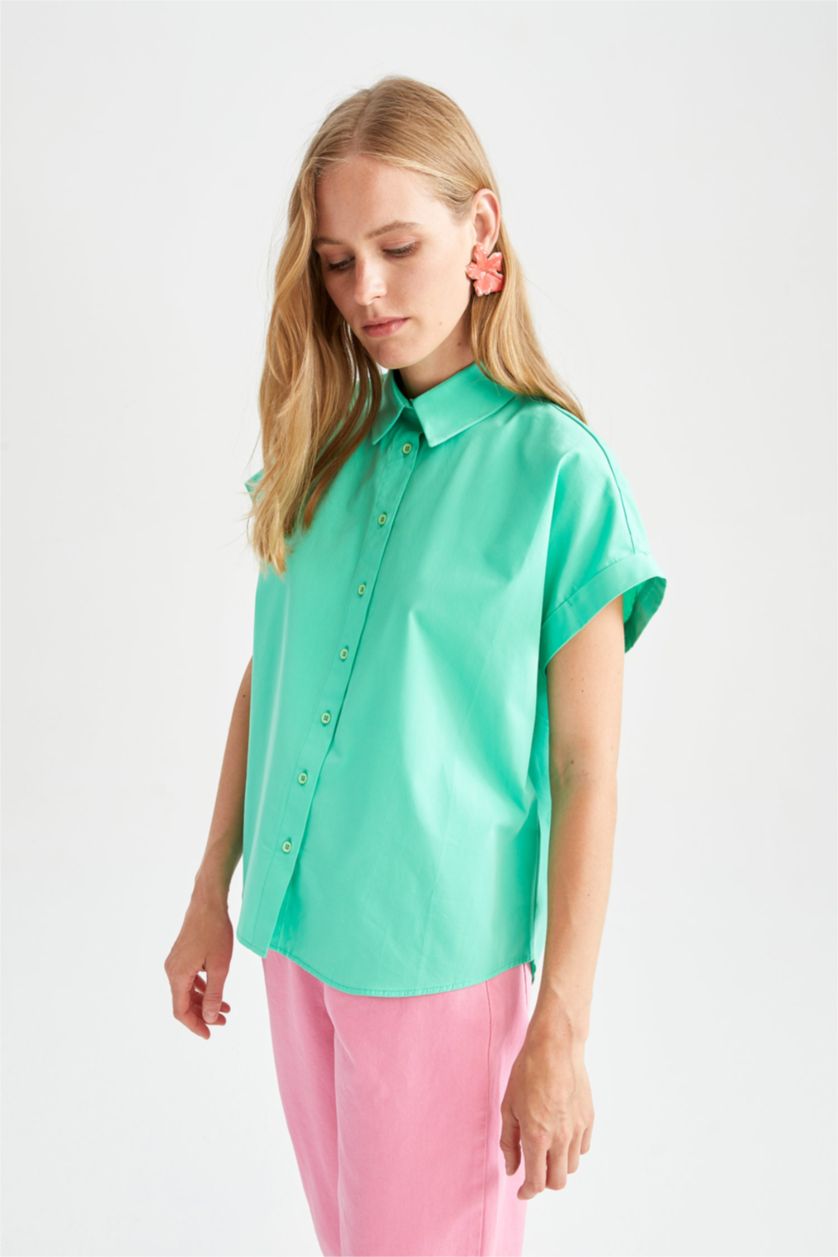 WOMAN Mint Regular Fit Shirt Collar Poplin Short Sleeve Shirt