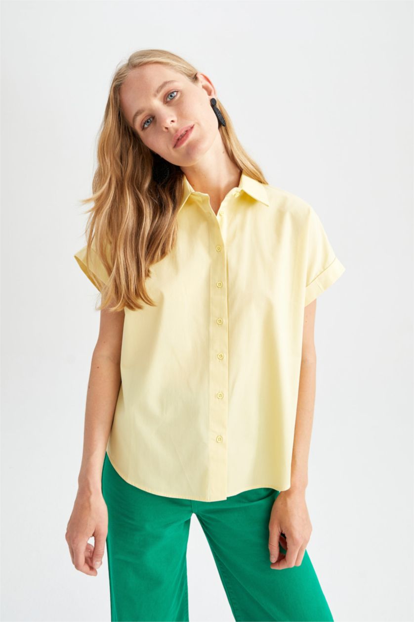 WOMAN Yellow Regular Fit Shirt Collar Poplin Short Sleeve Shirt