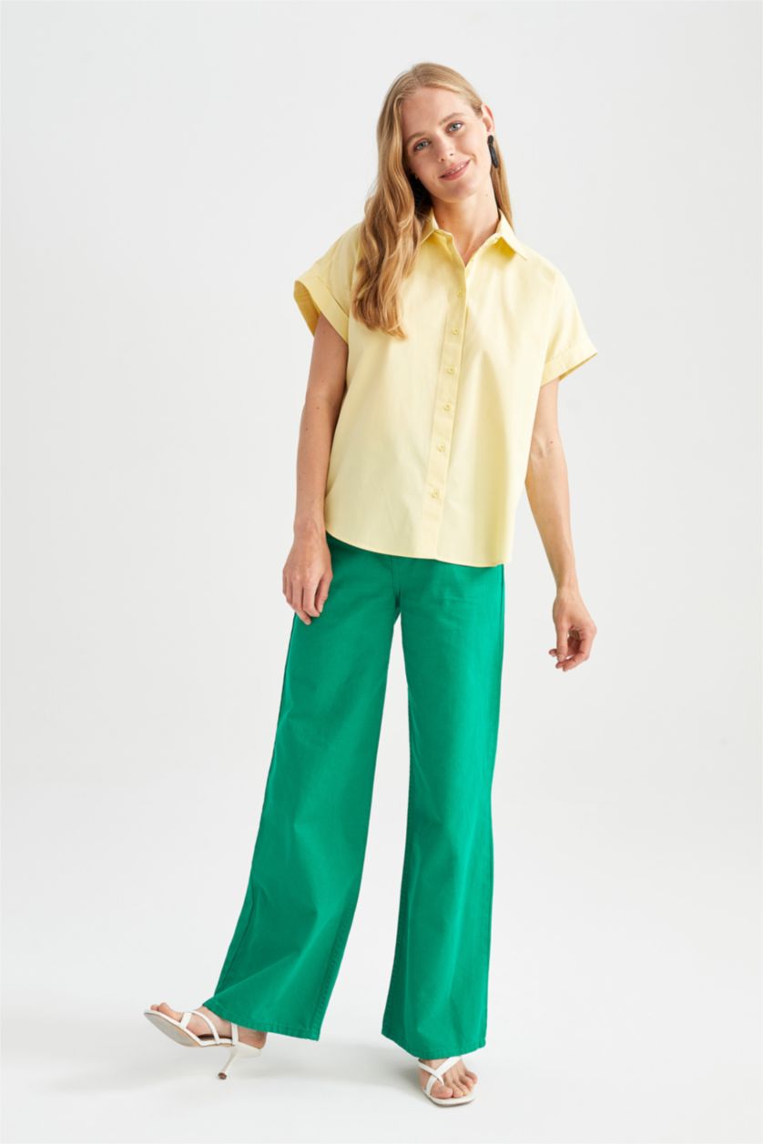 WOMAN Yellow Regular Fit Shirt Collar Poplin Short Sleeve Shirt