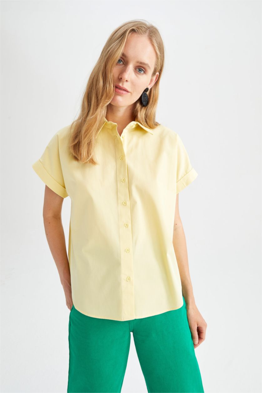 WOMAN Yellow Regular Fit Shirt Collar Poplin Short Sleeve Shirt