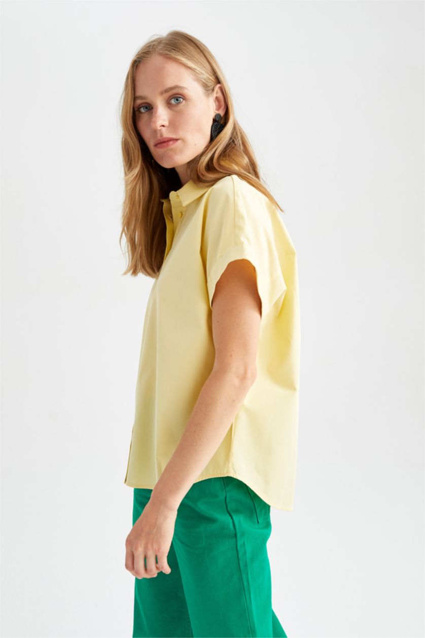 WOMAN Yellow Regular Fit Shirt Collar Poplin Short Sleeve Shirt
