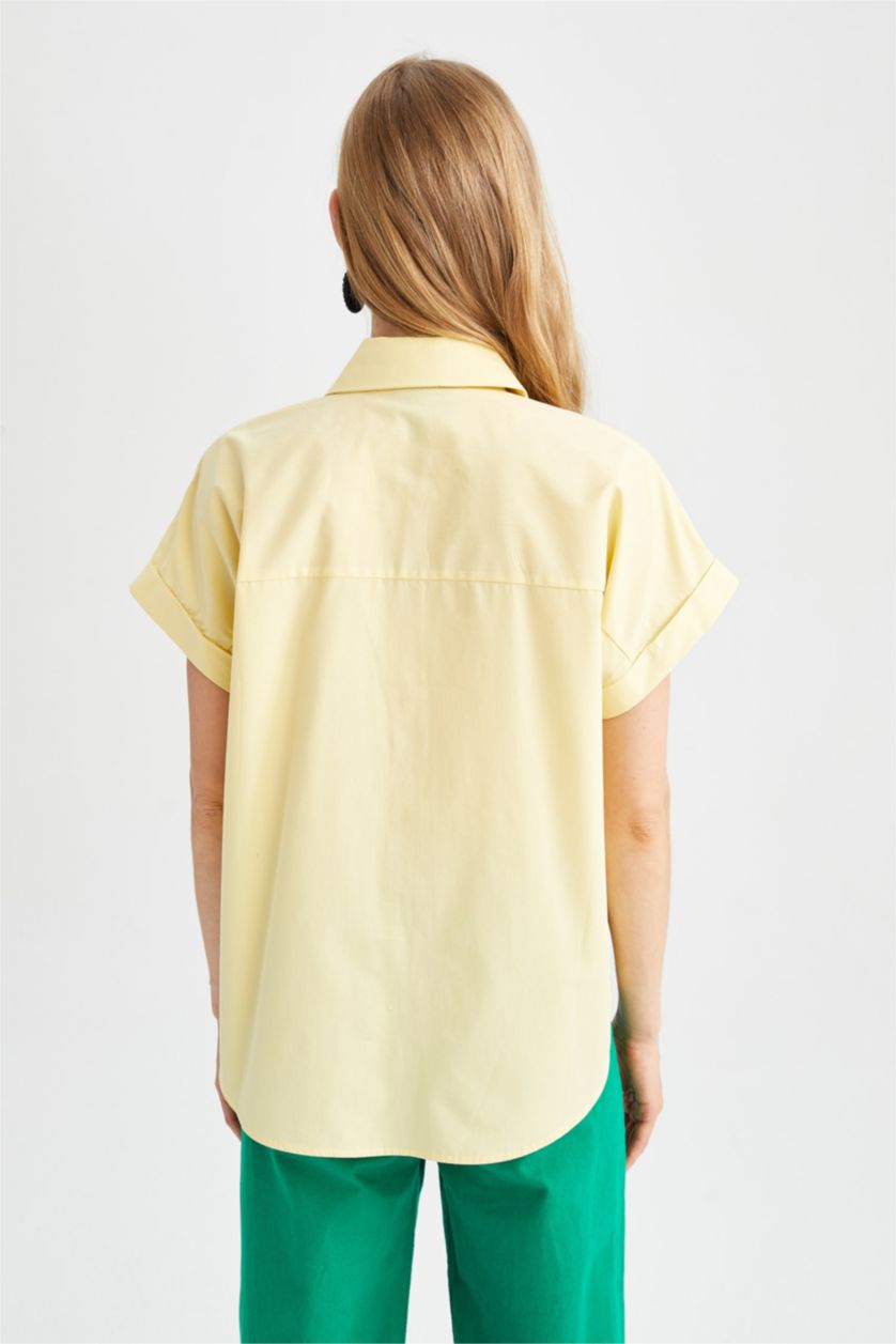 WOMAN Yellow Regular Fit Shirt Collar Poplin Short Sleeve Shirt
