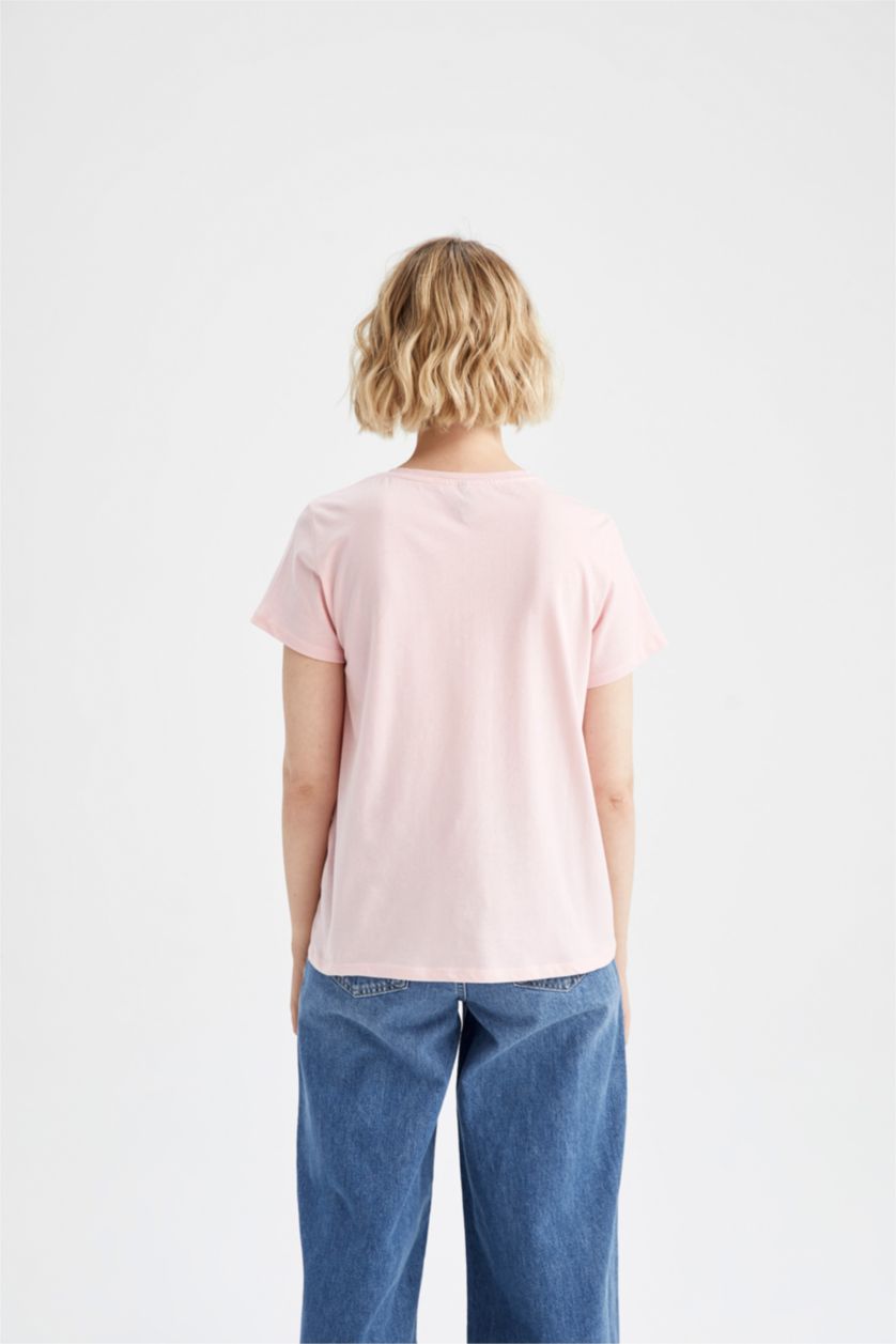 Kadın Açık Pembe Regular Fit Bisiklet Yaka Baskılı Kısa Kollu %100 Pamuk Tişört