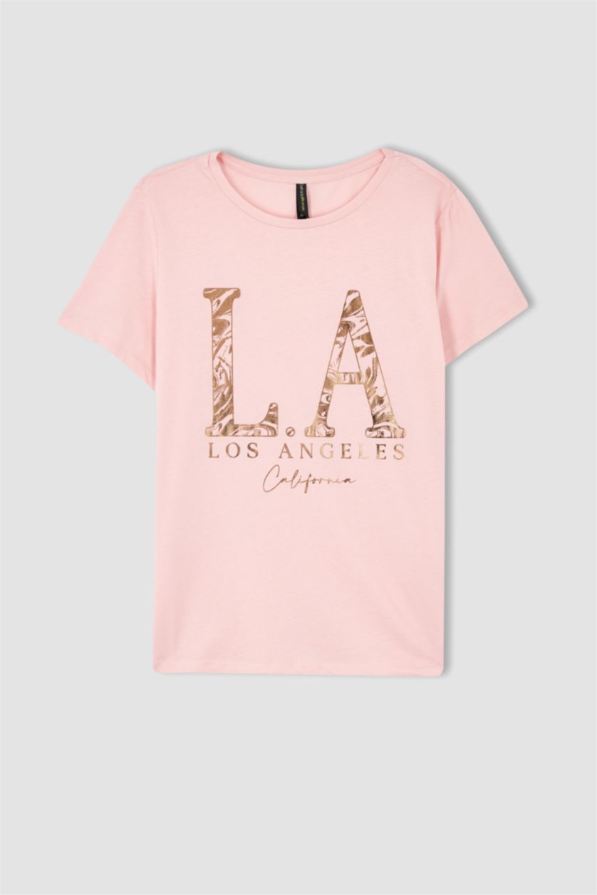 Kadın Açık Pembe Regular Fit Bisiklet Yaka Baskılı Kısa Kollu %100 Pamuk Tişört
