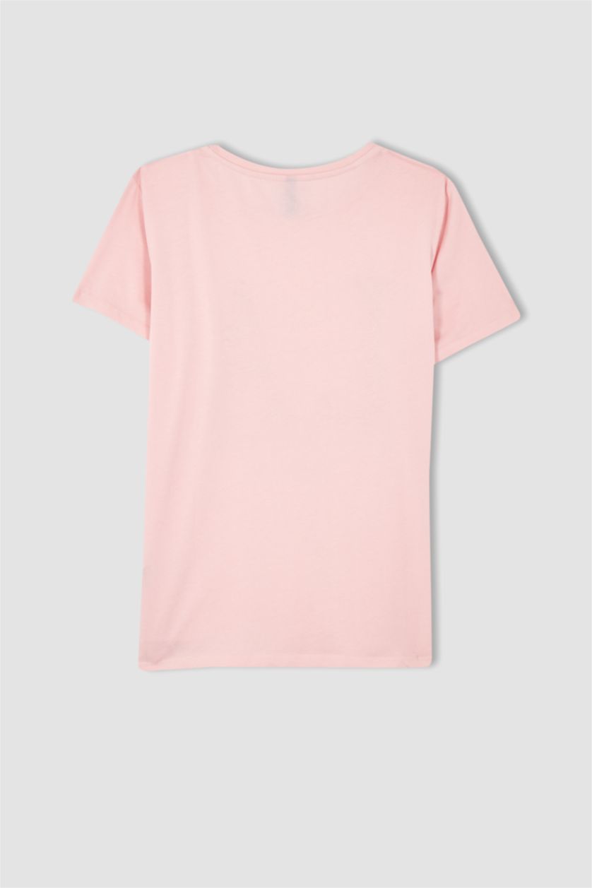 Kadın Açık Pembe Regular Fit Bisiklet Yaka Baskılı Kısa Kollu %100 Pamuk Tişört