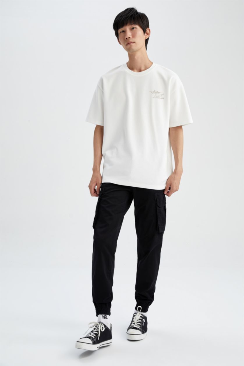 MAN Ecru Boxy Fit Crew Neck Printed Short Sleeve T-Shirt