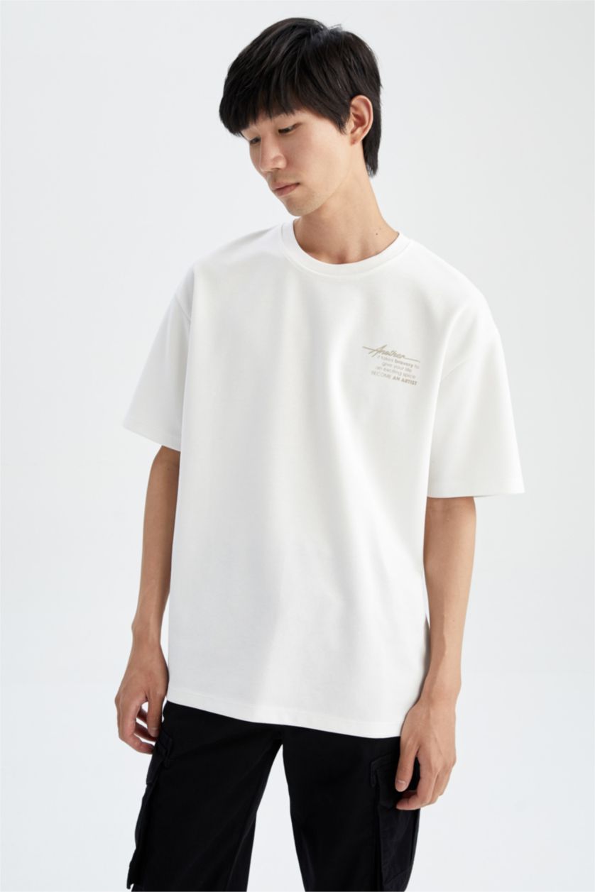 MAN Ecru Boxy Fit Crew Neck Printed Short Sleeve T-Shirt