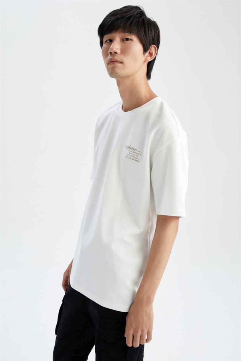 MAN Ecru Boxy Fit Crew Neck Printed Short Sleeve T-Shirt