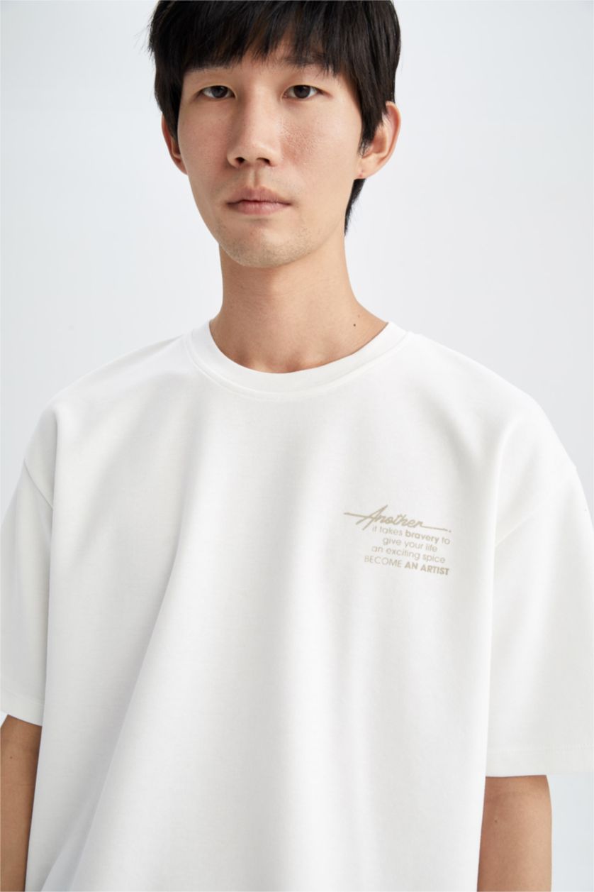 MAN Ecru Boxy Fit Crew Neck Printed Short Sleeve T-Shirt