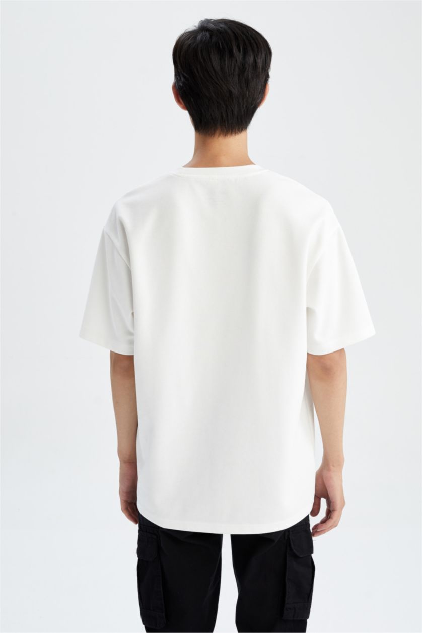 MAN Ecru Boxy Fit Crew Neck Printed Short Sleeve T-Shirt