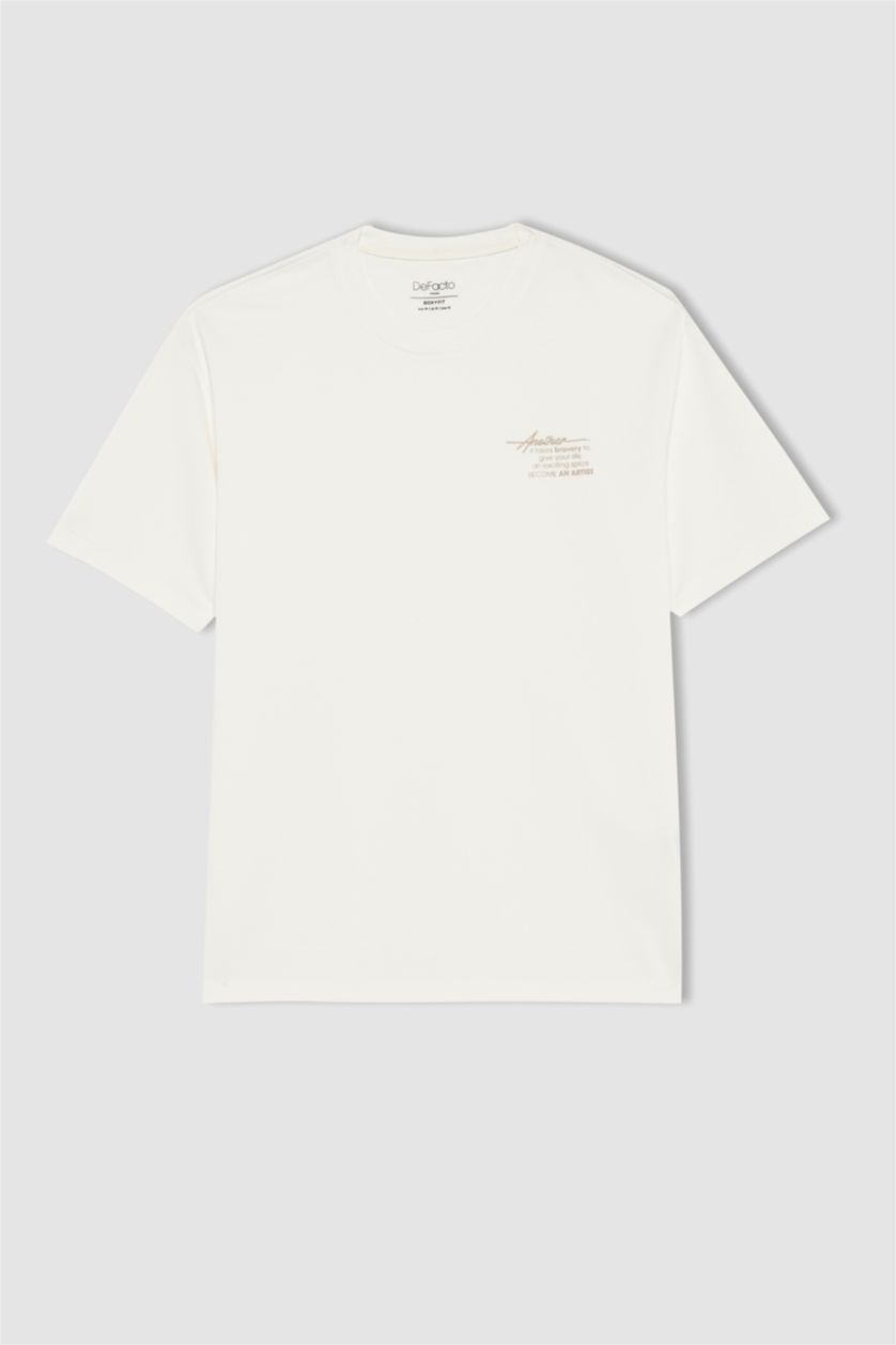 MAN Ecru Boxy Fit Crew Neck Printed Short Sleeve T-Shirt