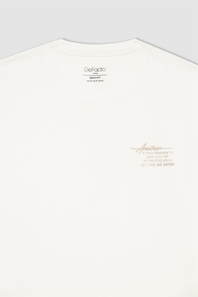 MAN Ecru Boxy Fit Crew Neck Printed Short Sleeve T-Shirt