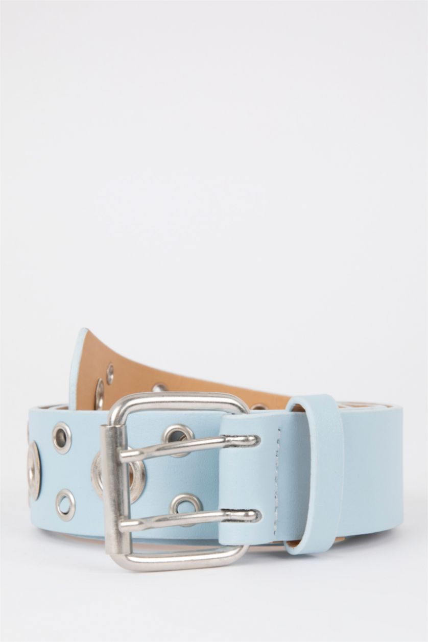 حريمي أزرق فاتح حزام حريمي جلد صناعي بمشبك بيضاوي