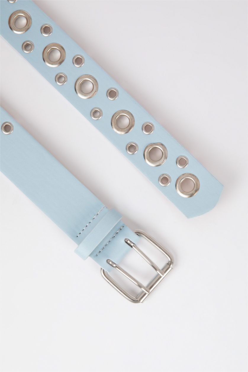 حريمي أزرق فاتح حزام حريمي جلد صناعي بمشبك بيضاوي