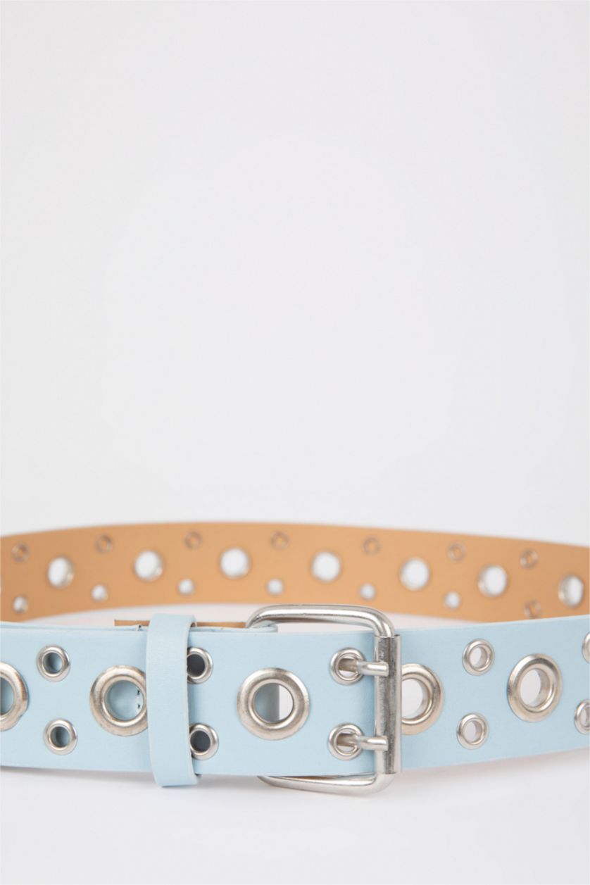 حريمي أزرق فاتح حزام حريمي جلد صناعي بمشبك بيضاوي