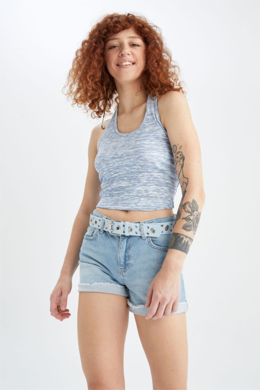 حريمي أزرق فاتح حزام حريمي جلد صناعي بمشبك بيضاوي