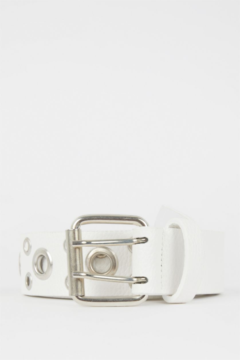 نساء Beyaz حزام نسائي جلد صناعي بمشبك بيضاوي