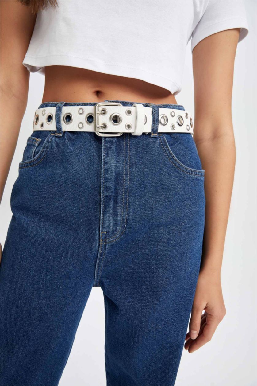 نساء Beyaz حزام نسائي جلد صناعي بمشبك بيضاوي