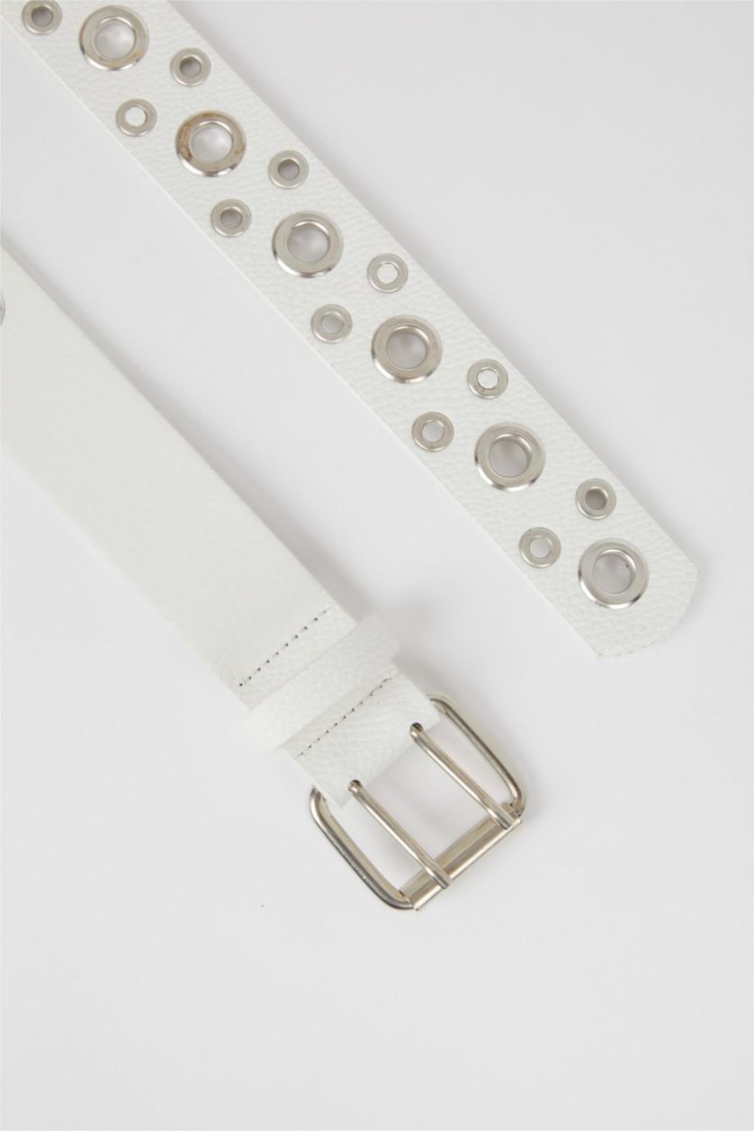 نساء Beyaz حزام نسائي جلد صناعي بمشبك بيضاوي