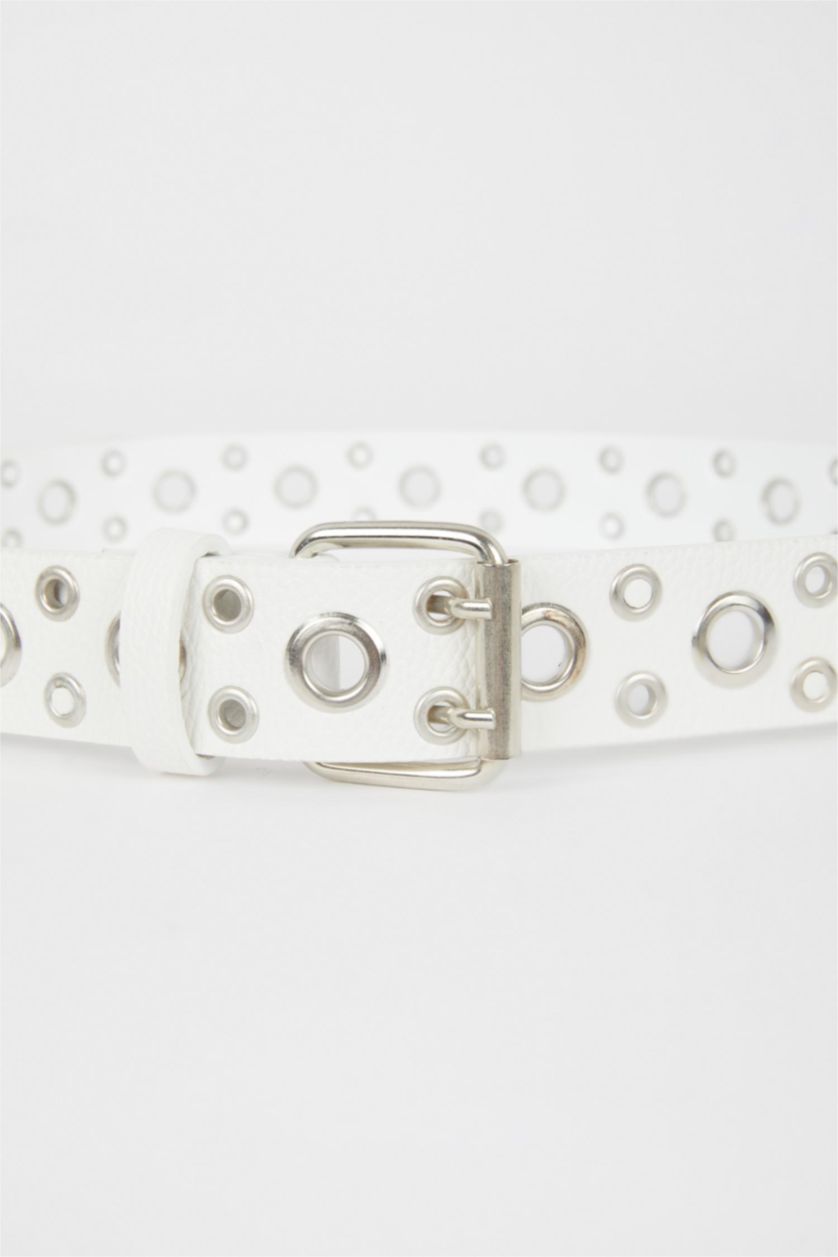 نساء Beyaz حزام نسائي جلد صناعي بمشبك بيضاوي