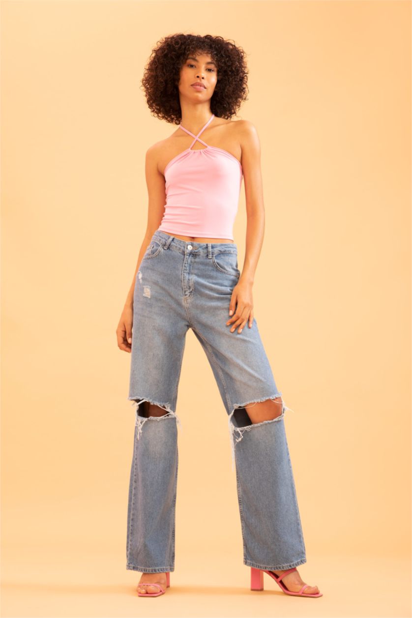 نساء زهري بلوزة بدون اكمام بقصة ضيقة برباط من العنق