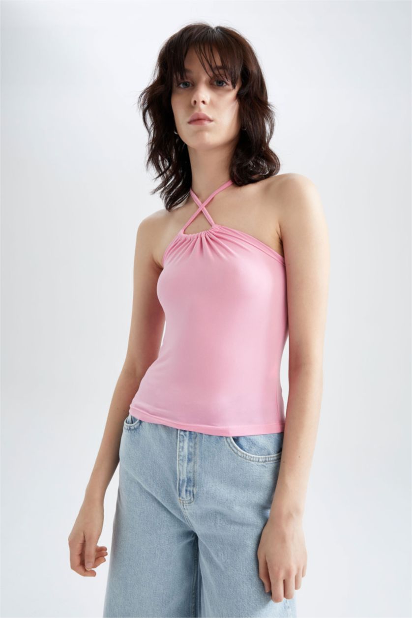 نساء زهري بلوزة بدون اكمام بقصة ضيقة برباط من العنق