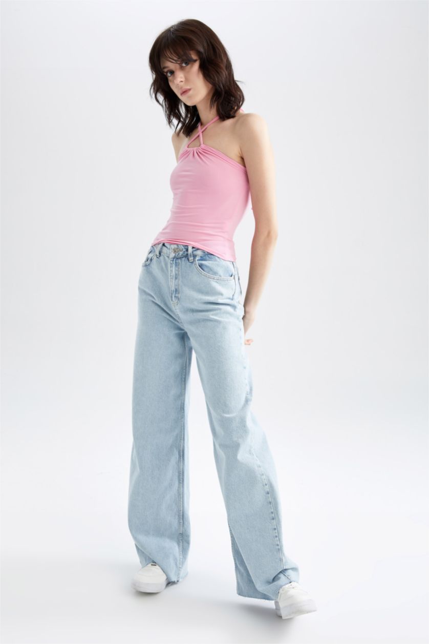 نساء زهري بلوزة بدون اكمام بقصة ضيقة برباط من العنق