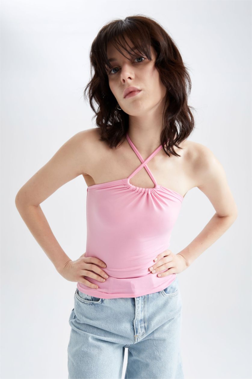 نساء زهري بلوزة بدون اكمام بقصة ضيقة برباط من العنق