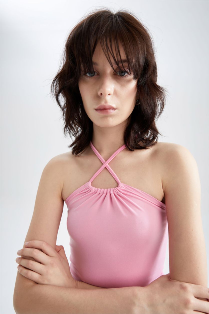 نساء زهري بلوزة بدون اكمام بقصة ضيقة برباط من العنق