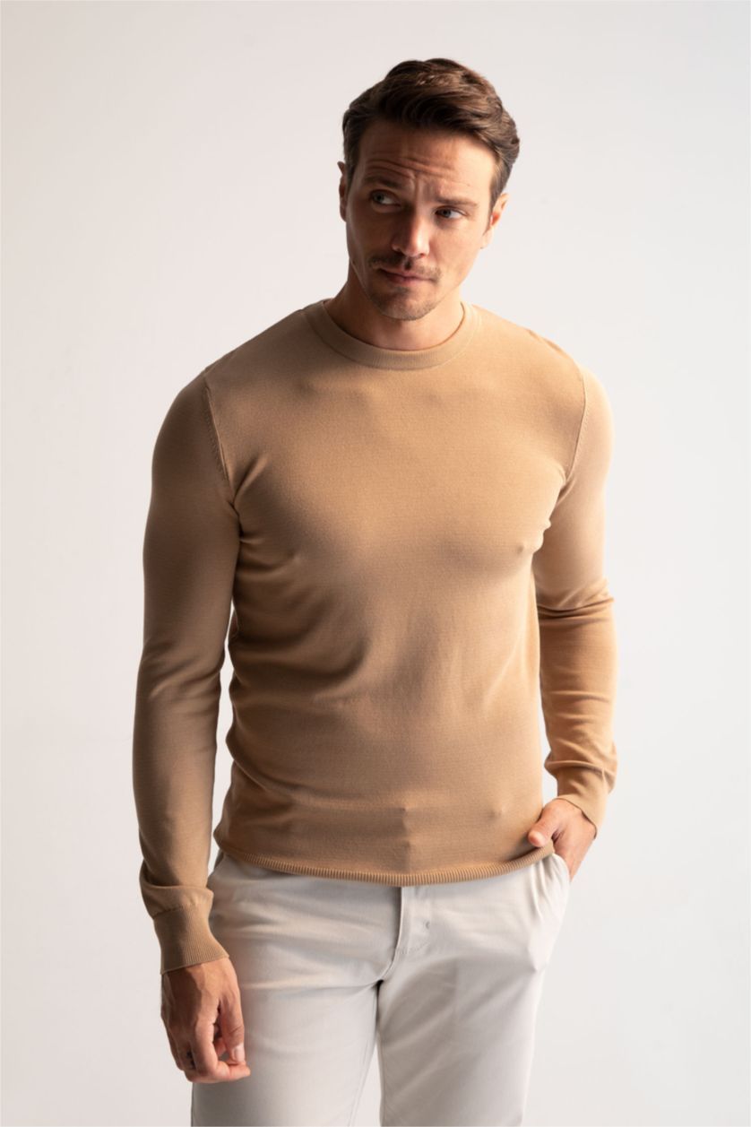 HOMME Beige Pull En Maille Coupe Regular À Col Rond