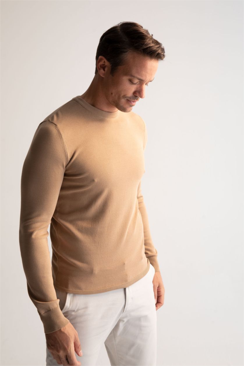 HOMME Beige Pull En Maille Coupe Regular À Col Rond