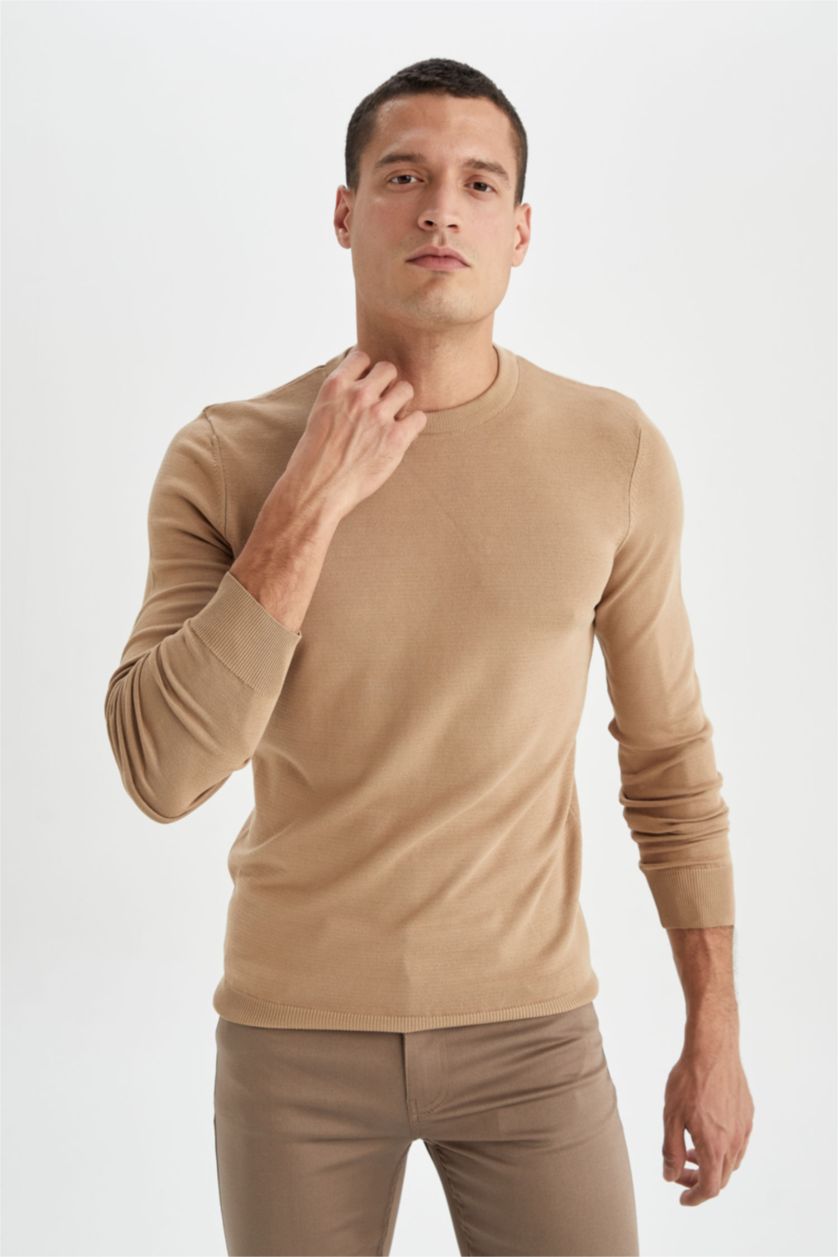 HOMME Beige Pull En Maille Coupe Regular À Col Rond