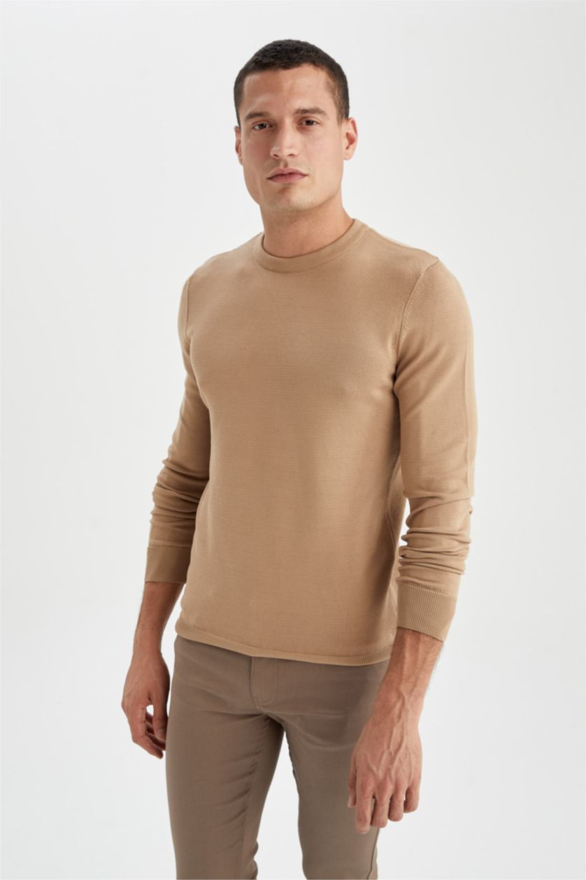 HOMME Beige Pull En Maille Coupe Regular À Col Rond
