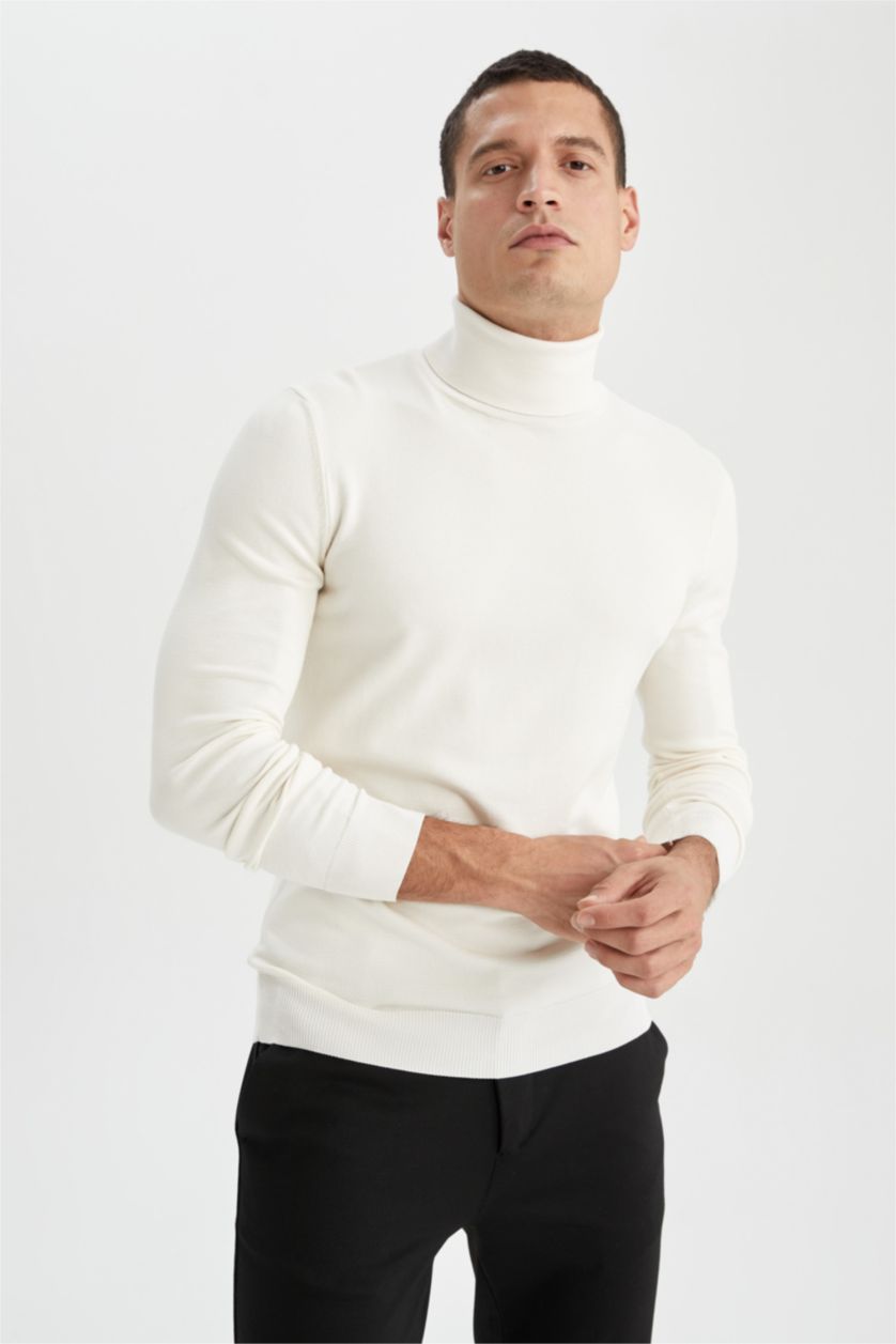 HOMME Écru Pull en tricot à col roulé premium à coupe régulière