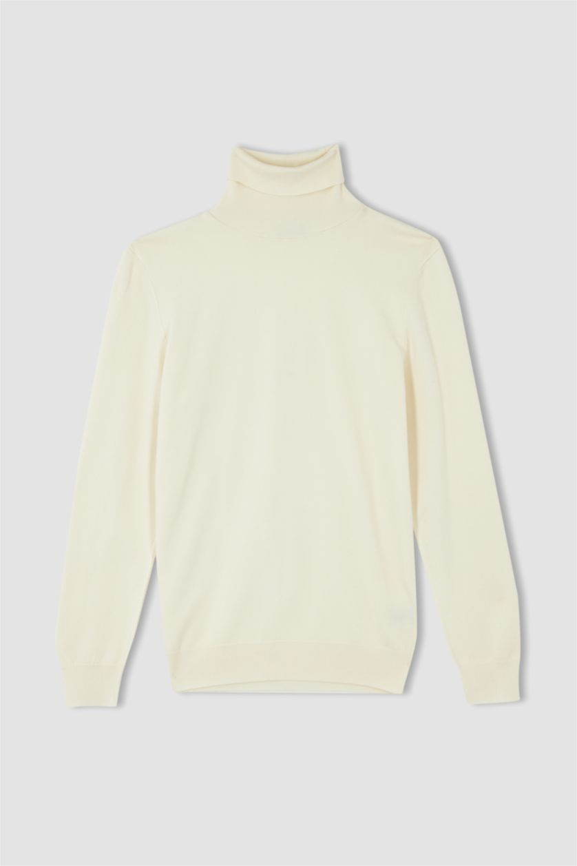 HOMME Écru Pull en tricot à col roulé premium à coupe régulière