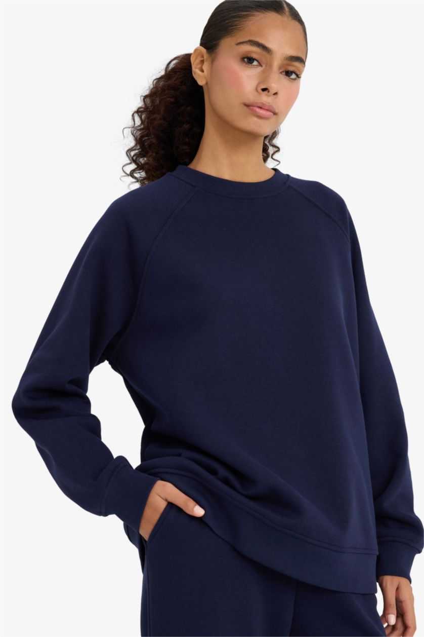 WOMAN NAVY Oversize Fit Crew Neck Basic Thick Sweatshirt