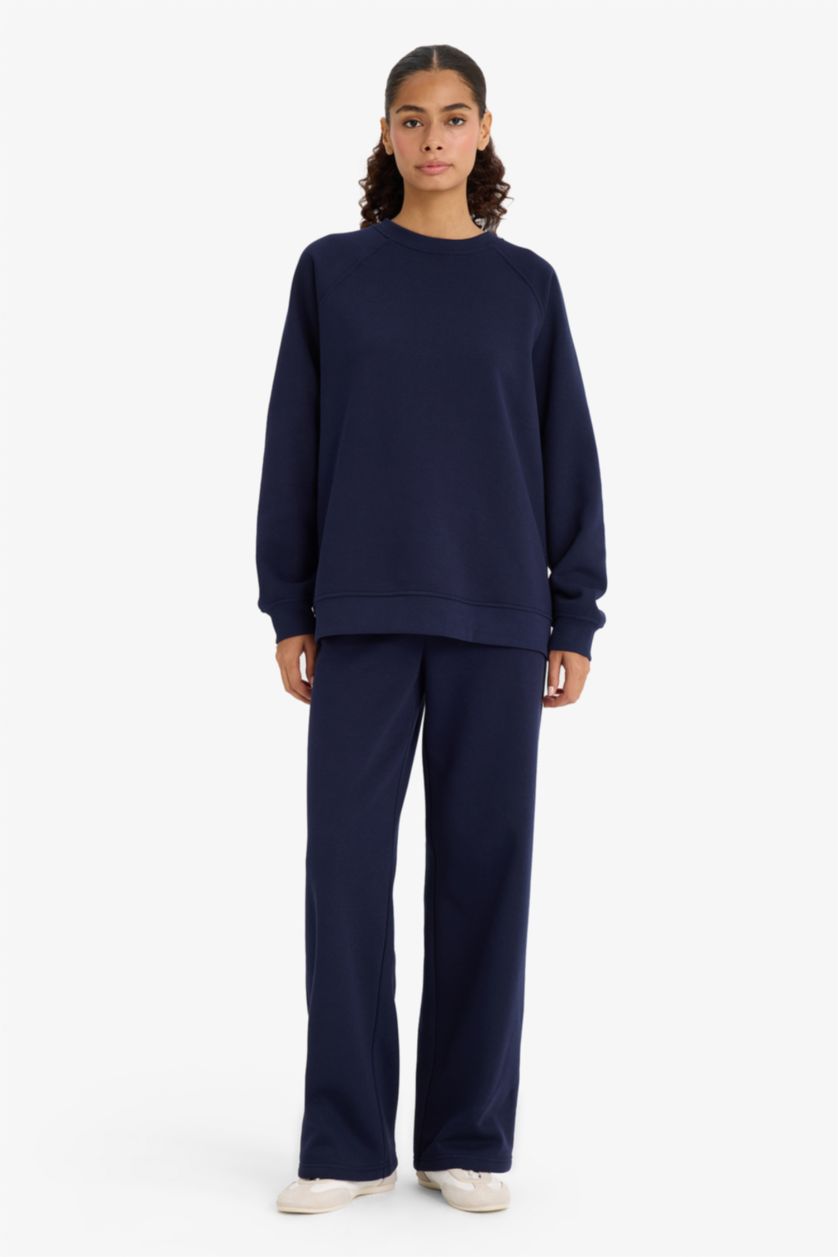 WOMAN NAVY Oversize Fit Crew Neck Basic Thick Sweatshirt