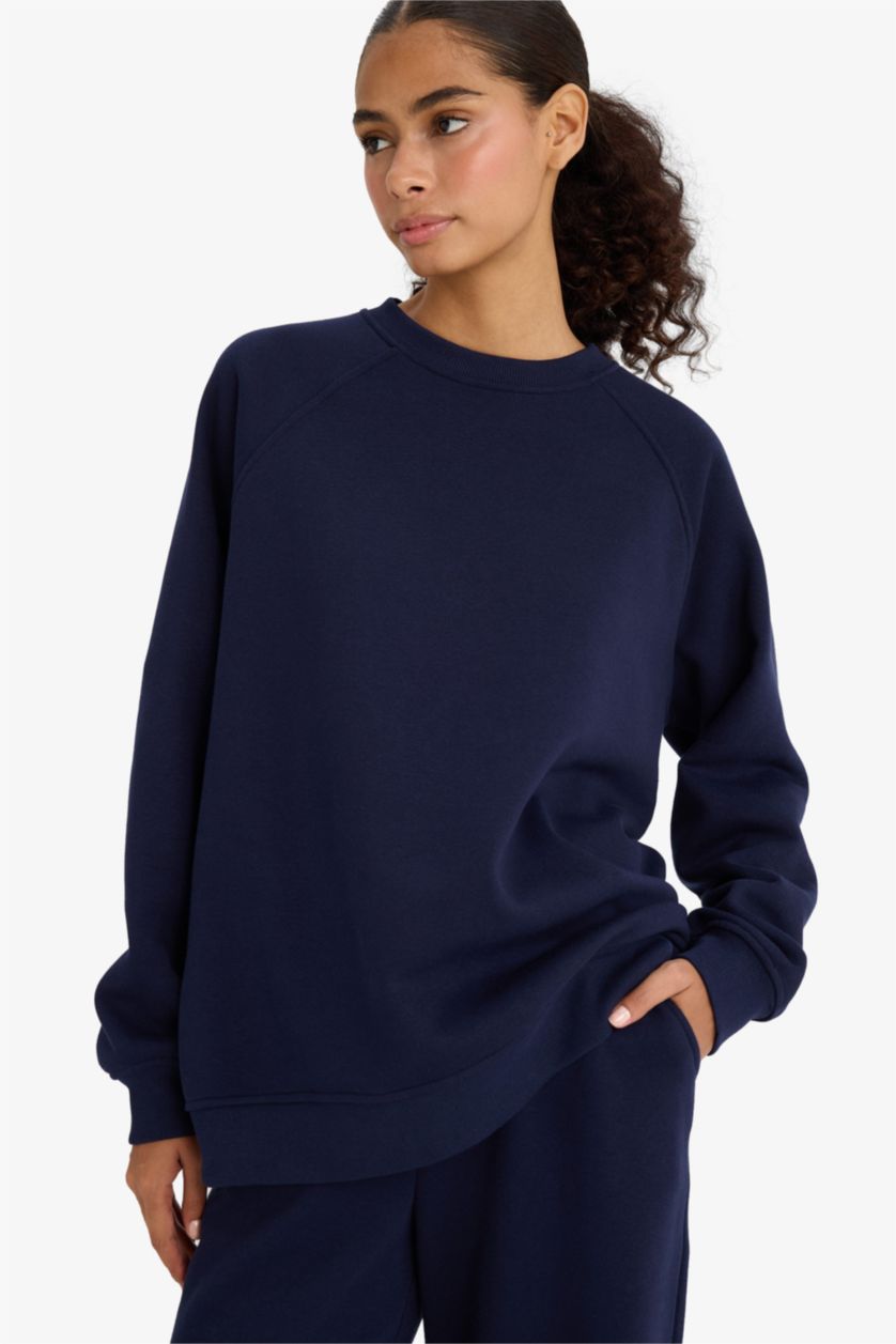 WOMAN NAVY Oversize Fit Crew Neck Basic Thick Sweatshirt