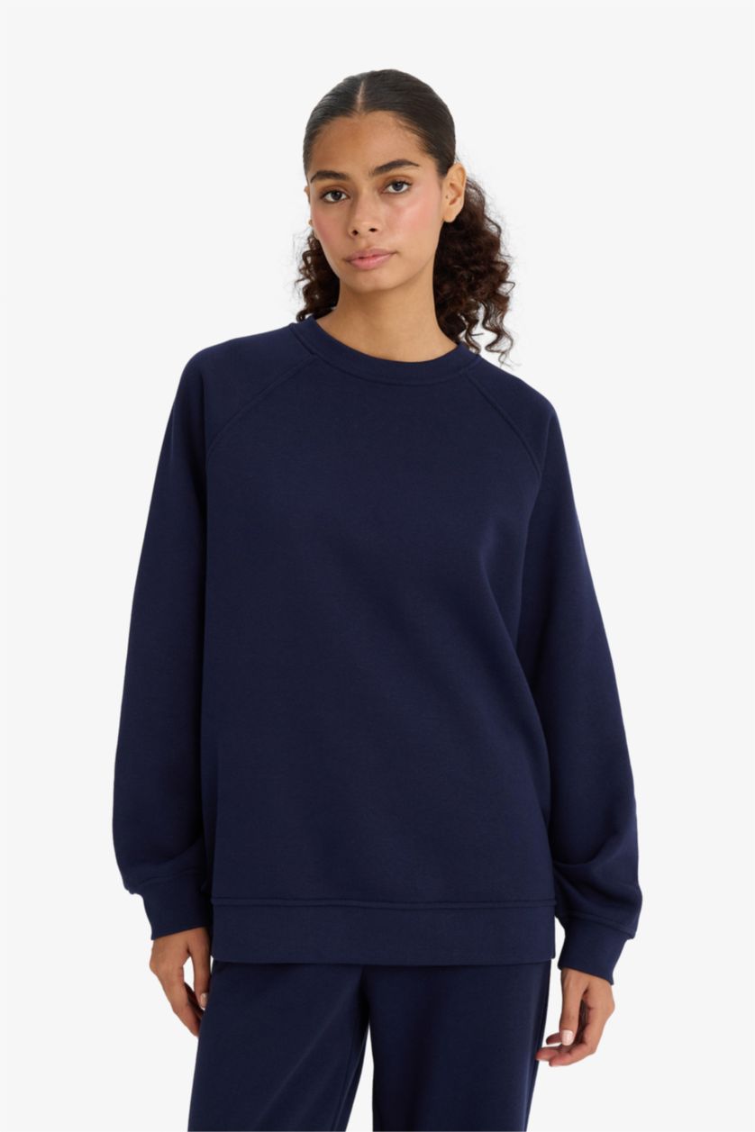 WOMAN NAVY Oversize Fit Crew Neck Basic Thick Sweatshirt