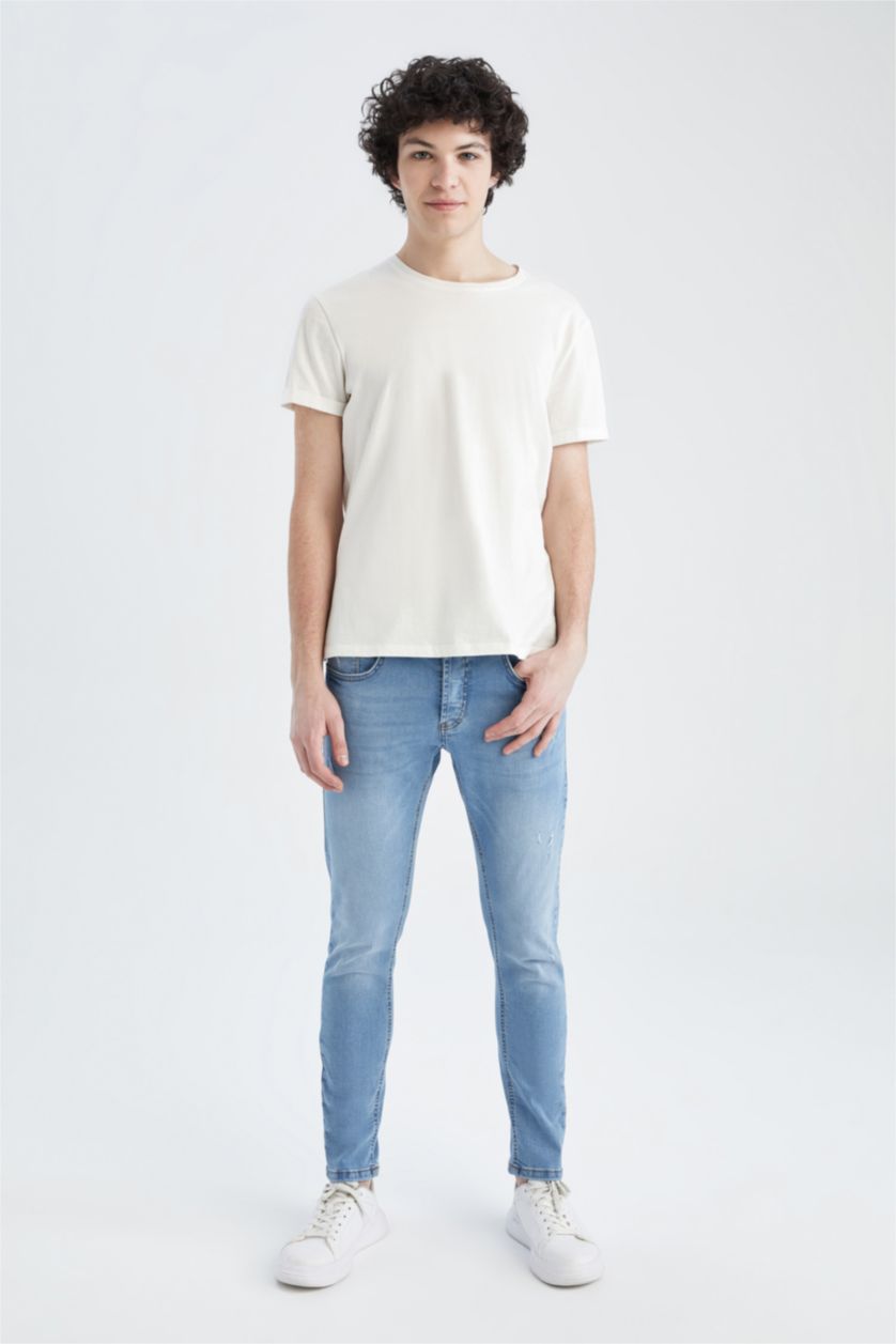 رجالي أزرق فاتح بنطلون جينز سليم فيت بتفاصيل ممزقة