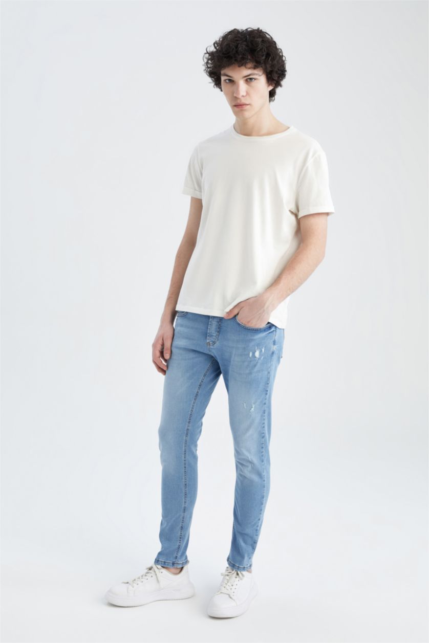 رجالي أزرق فاتح بنطلون جينز سليم فيت بتفاصيل ممزقة