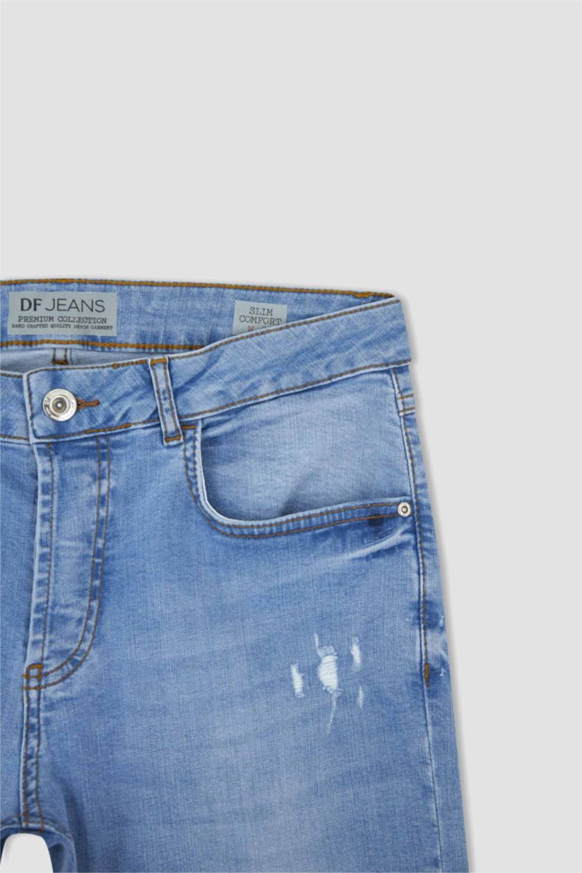 رجالي أزرق فاتح بنطلون جينز سليم فيت بتفاصيل ممزقة