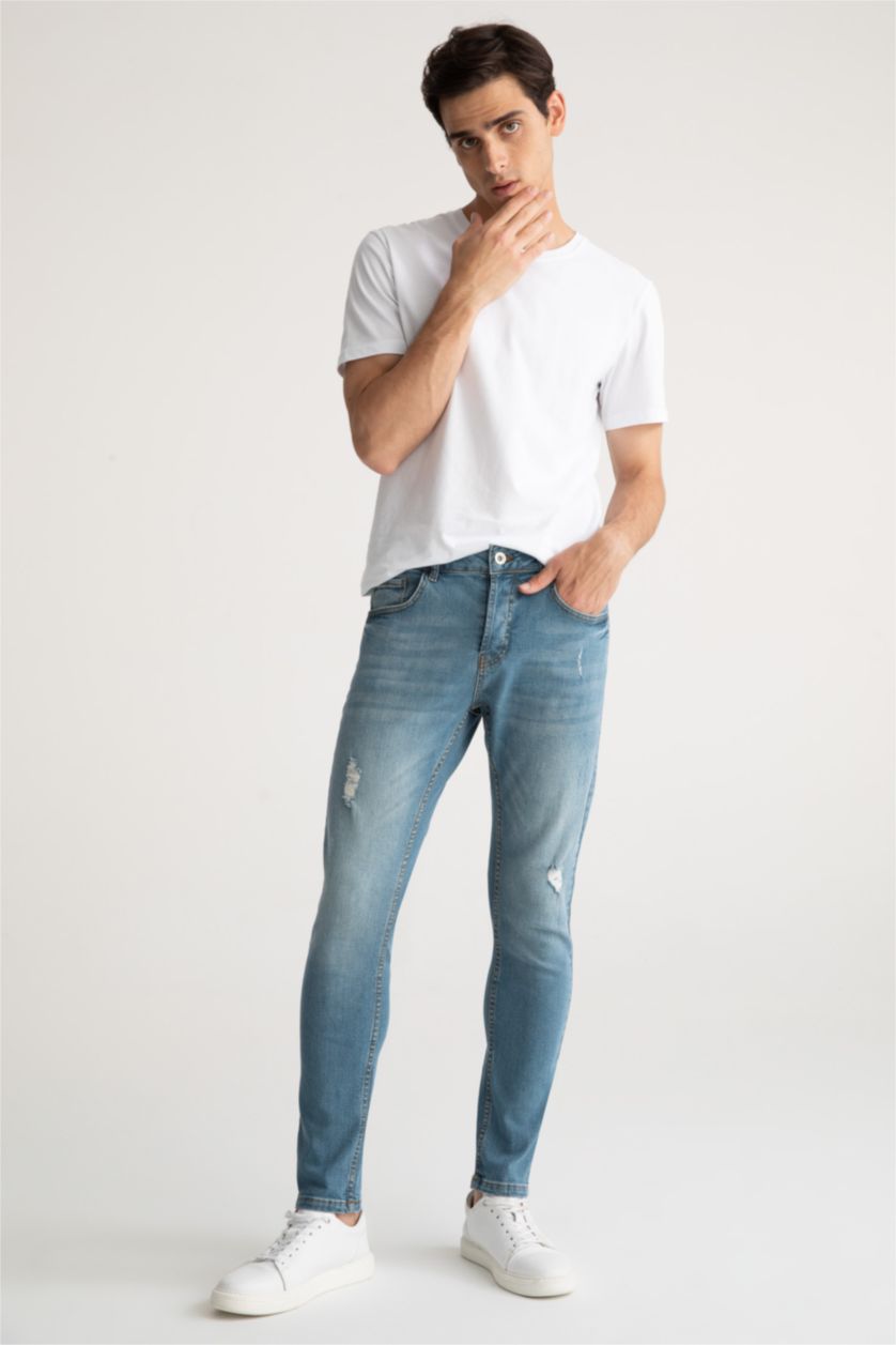 MAN Light Green Slim Comfort Fit Distressed Jeans