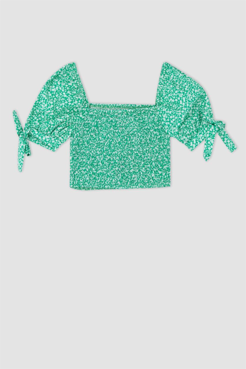 WOMAN Light Green Coool Crop Square Neck Short Balloon Sleeve Poplin Blouse